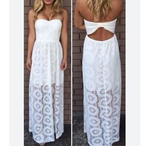 Windsor White Strapless Lace Overlay Maxi Dress Size S/M‎ Padded Cups Stretchy